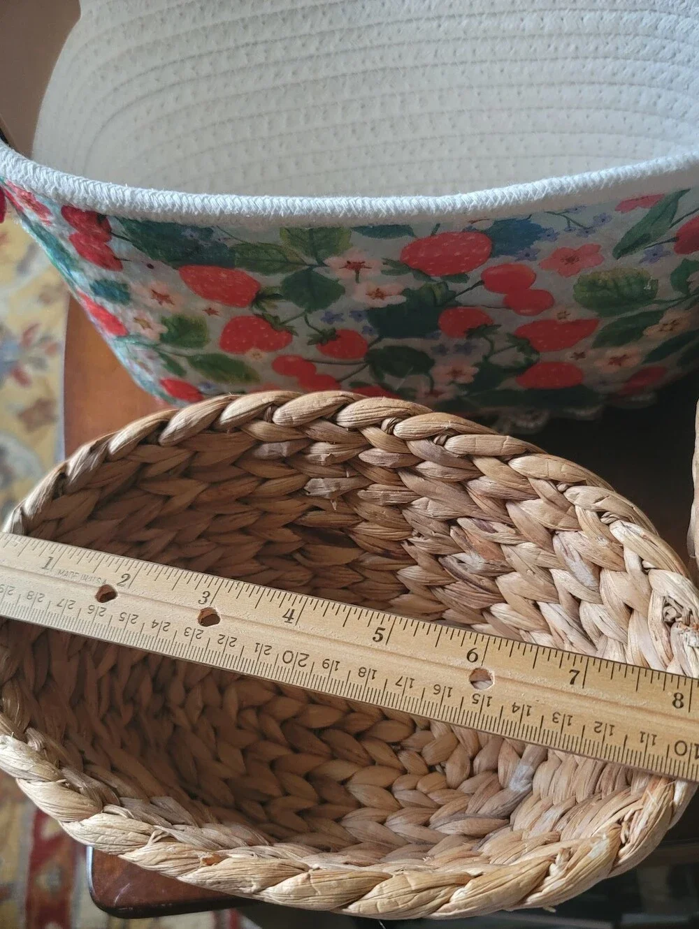 Set Of 3 Baskets. 2 Straw Woven & 1 Rope Basket Covered With Strawberries.